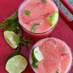 This watermelon mojito cocktail recipe takes full advantage of summer's bountiful produce. Fresh watermelon and mint and a squeeze of lime are the perfect combination for this light and refreshing drink. Use rum for a traditional mojito, or substitute tequila. For a Whole30 mocktail, omit the alcohol - it's still delicious! | www.grownupdish