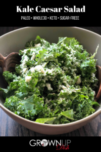 This paleo kale caesar salad is so delicious that you'll forget it's good for you. It's the homemade salad dressing that makes it so legit. And it's super easy to make. The dressing is just a riff on homemade mayonnaise, which you can whip up with an immersion blender in just minutes. | www.grownupdish.com