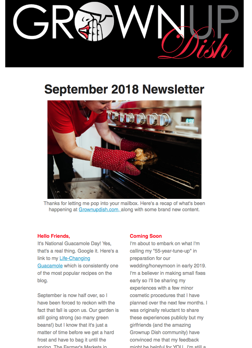 Grownup Dish – September 2018 Newsletter