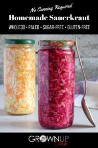 Easy homemade sauerkraut is a snap to make. Just mix the brine, pour it over chopped cabbage and refrigerate. In a few hours it's ready to eat and the longer it sits, the better it tastes. Plus fermented foods are super healthy! This recipe is sugar-free, gluten-free, paleo, Whole30 and vegan. | www.grownupdish.com