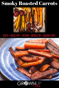 You can use ANY kind of carrots in this smoky roasted carrot recipe: whole carrots, baby carrots, presliced carrot chips, rainbow carrots ... you name it. I like to use rainbow carrots just because they're pretty. Also, you can leave your carrots whole or slice them in half. The smaller the pieces, the faster they will cook. | www.grownupdish.com