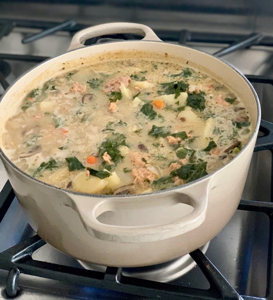Olive Garden Copycat Whole30 Zuppa Toscana soup is a hearty mixture of sausage, potato, kale and lots of veggies. It's much healthier than the original Olive Garden version and even more delicious. Recipe is Whole30, dairy-free, sugar-free, keto & paleo. | www.grownupdish.com
