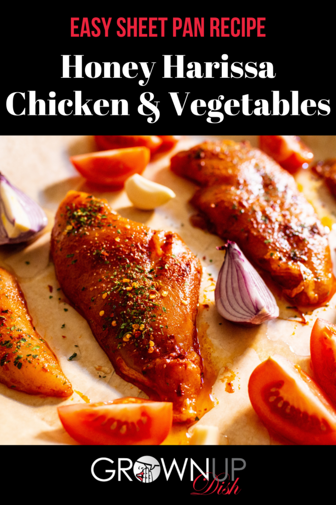 Honey Harissa Sheet Pan Chicken & Vegetables is so versatile and easy that it'll become your favorite weeknight dinner recipe. Try it! | www.grownupdish.com