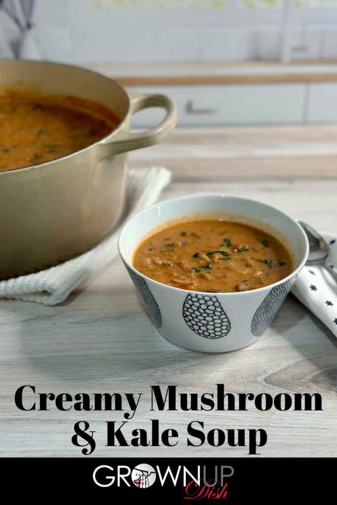 Creamy mushroom kale soup is vegetarian comfort food. It's so rich and hearty! Serve it as soup or ladle it over polenta or mashed potatoes. | www.grownupdish.com
